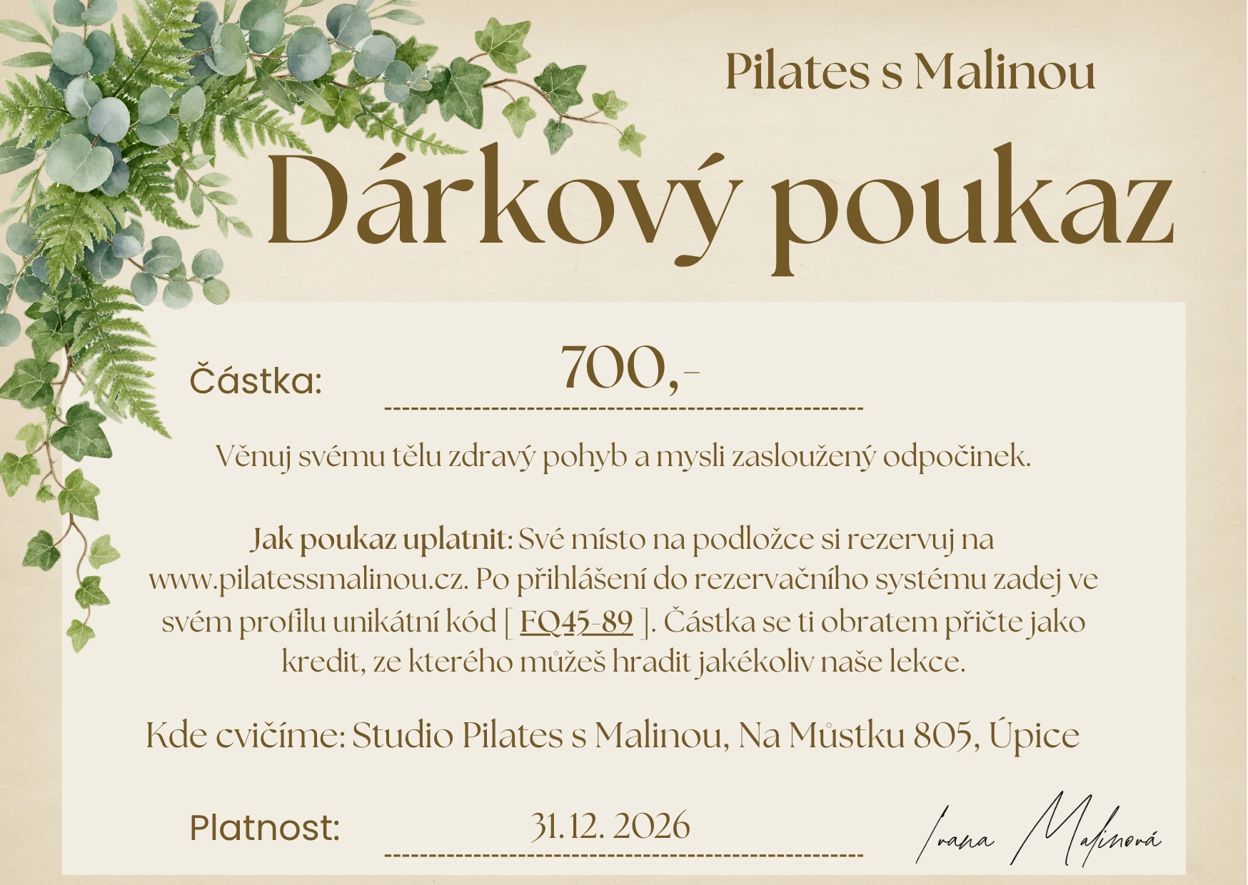 Ukázka dárkového poukazu Pilates s Malinou